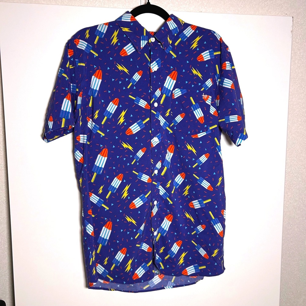 Tipsy Elves Men's Large Rocket Pop Popsicle Print short sleeve button up shirt